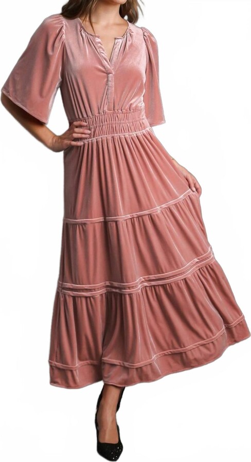 umgee Bliss Velvet Tiered Maxi Dress In Rose Quartz