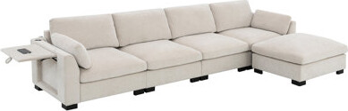 Home Sweet Dream Joy 130" Modular Sectional Sofa, L Shape Chenille Couch With USB Ports, Folding Table, Ottoman, Storage, 5-Seat For Living Room,Beige