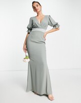 Thumbnail for your product : ASOS DESIGN Bridesmaid pleat bodice maxi dress with short sleeves and satin trim in olive