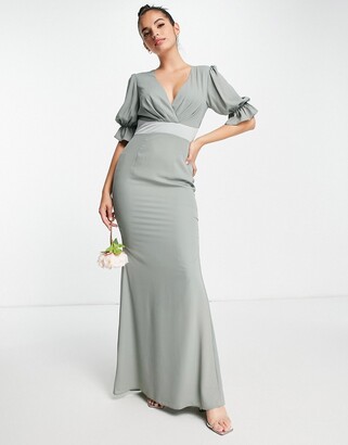 ASOS DESIGN Bridesmaid pleat bodice maxi dress with short sleeves and satin trim in olive