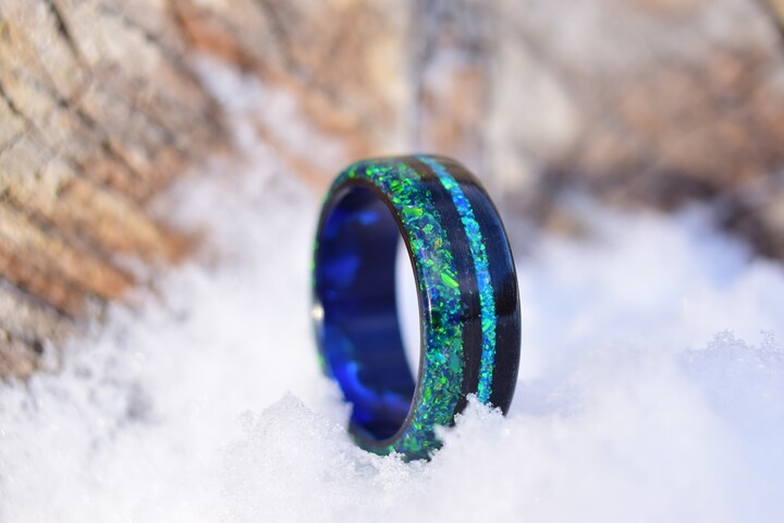 Black Poplar Wood With Crushed Blue & Dark Green Opal On Epoxy Core Bentwood Ring