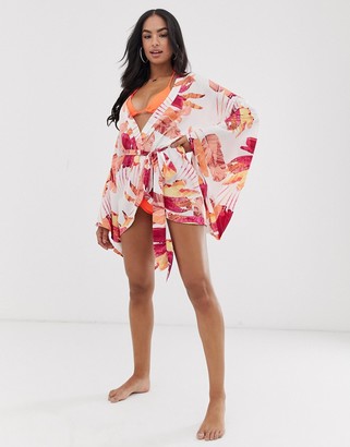 ASOS DESIGN sunray palm print exaggerated sleeve beach kimono