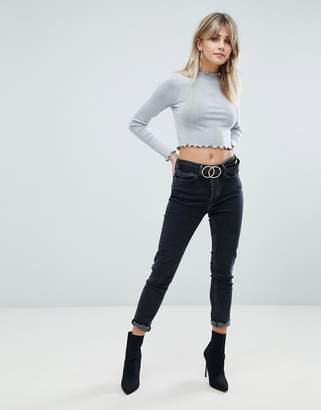 ASOS Design DESIGN long sleeve crop top with lettuce edge in gray-White