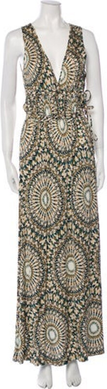 Valentino Evening Gown Green Printed Pleated Accents Sleeveless with V-Neck Concealed Zip Closure at Side Designer