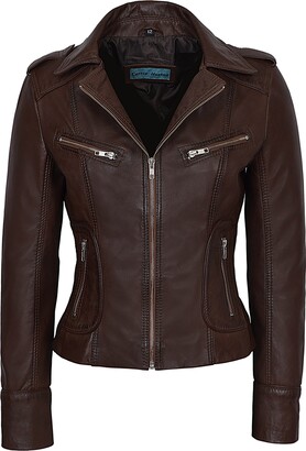 Ladies Women's 9823 Fitted Brown  Biker Style Soft Leather Rock Jacket