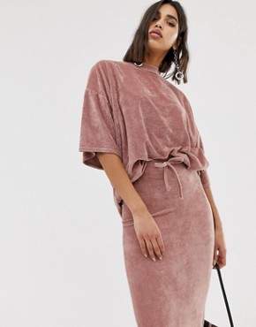 Missguided co-ord velour oversized t-shirt in rose pink