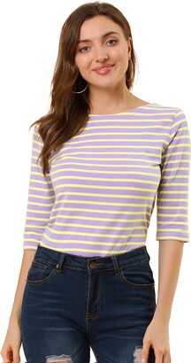 Allegra K Women's Elbow Sleeves Top Casual Boat Neck Slim Fit Stripe T-Shirt Yellow Purple 12