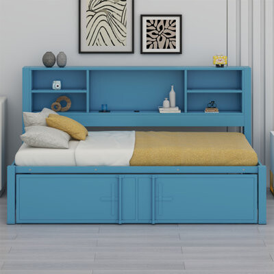 Metal Daybed With Trundle, Storage Shelves And USB Ports