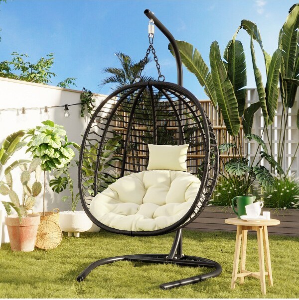 Zeus & Ruta Zeus&RutaSinglePersonBlackWickerFoldingEggSwingChairwithStandBeigeCushionAdjustableFeetforIndoorOutdoorBalconyGarden