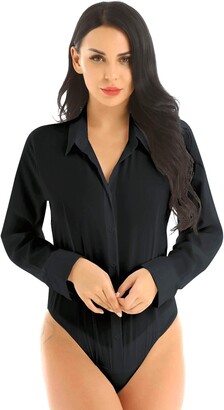 dPois Women's Long Sleeve Turn-down Collar Button Cuffs One Piece Bodysuits  Blouse Top T-shirts Black Medium - ShopStyle