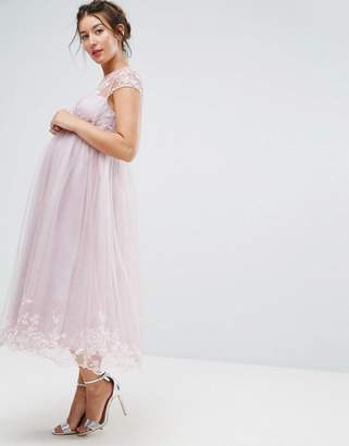 Chi Chi London Maternity Premium Lace Midi Prom Dress with Lace Neck
