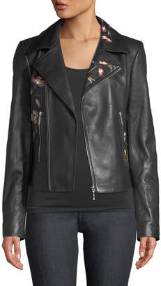 Elie Tahari Mae Zip-Front Floral-Embroidered Lamb Leather Moto Jacket