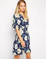 Thumbnail for your product : A Question Of ASOS Skater Dress with Kimono Wrap in Large Floral Print