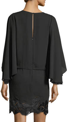 Halston Flowy Sleeve Boat-Neck Embroidered Blouson Cocktail Dress
