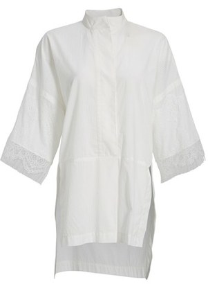 Women's Victor Alfaro Stripe Cotton High/low Shirt With Lace Trim