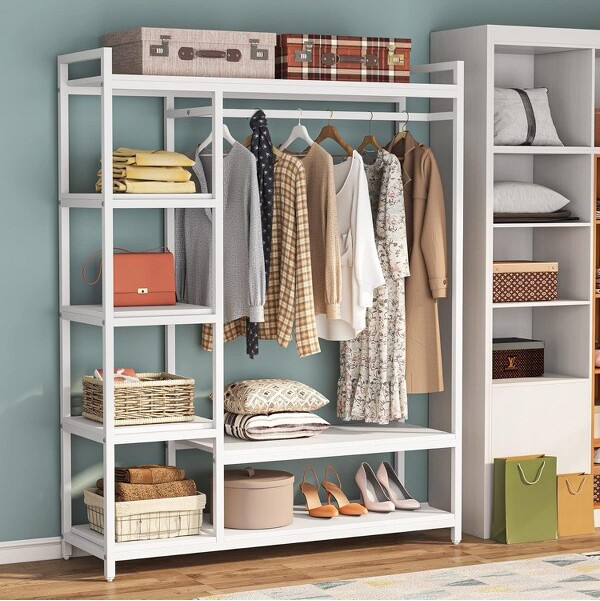 LantineFreeStandingWoodClosetClothesRackHeavyDutyGarmentRackwithShelvesforBedroomWardrobeOrganizer350lbCapacity