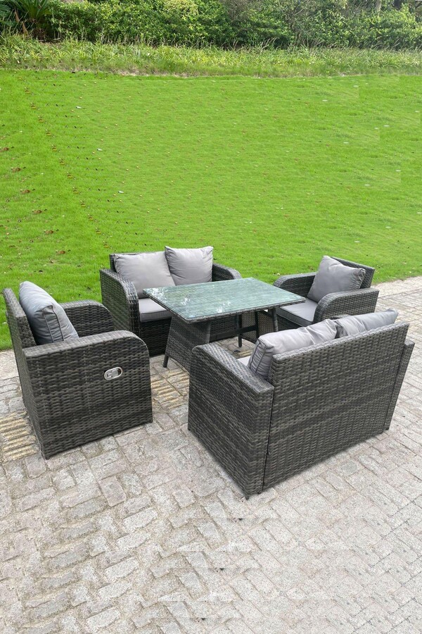 Fimous Outdoor Rattan Sofa Set Dining Table Reclining Chairs Love Sofa
