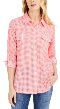 Tommy Hilfiger Gingham Roll-Tab-Sleeve Cotton Top - ShopStyle