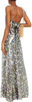 Thumbnail for your product : Ganni Cutout Floral-print Silk-blend Lame Maxi Slip Dress