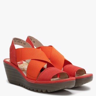 Fly London Yaji Devil Red Leather Elasticated Cross Strap Wedge Sandals