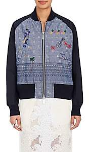 Sacai WOMEN'S FLORAL- & GEOMETRIC-PATTERN EMBROIDERED COTTON BOMBER JACKET-MD. BLUE SIZE 1 JP