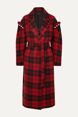 Mother of Pearl + Net Sustain Webb Belted Faux Pearl-embellished Checked Wool Coat - Red
