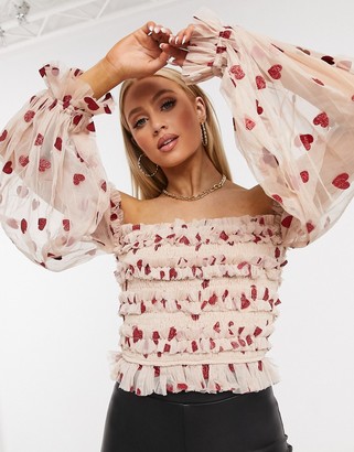 Lace & Beads exclusive bardot ruffle top with sheer balloon sleeves in glitter heart print