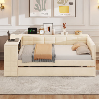 Hokku Designs Tufted pholstered Full Daybed with Full Trundle Storage Shelves and Charging Ports