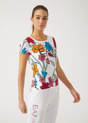 Emporio Armani Ea7 Floral Stretch Cotton Jersey T-Shirt