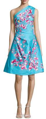 Monique Lhuillier Cherry Blossom One-Shoulder Cocktail Dress, Aquamarine/Multi