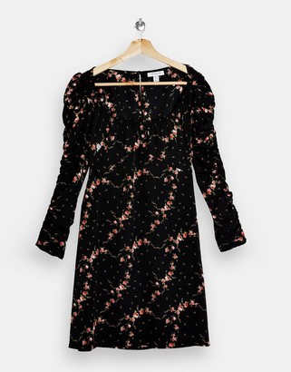 Topshop ruched sleeve mini tea dress in black floral