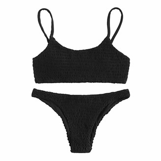WOZOW Thong Bikini Set Women Ribbed Bralette Bikini Set Ladies Soft Bathing Beachwear Tube Swimwear Black UK XS/Tag S