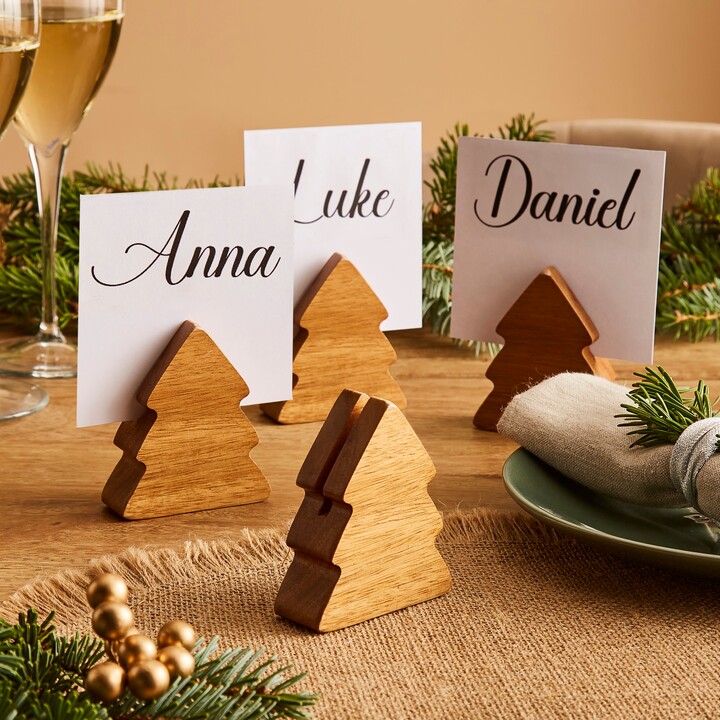 Dunelm Natural Acacia Wood Christmas Tree Name Card Holders Natural