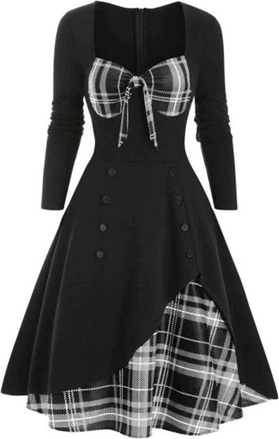 SCARLET DARKNESS Women's Plaid Long Sleeve Goth Dresses Square Neck Casual Dress 