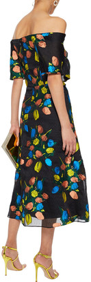 Lela Rose Off-the-shoulder Embroidered Crinkled Chiffon Midi Dress
