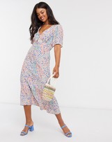 Thumbnail for your product : New Look v neck flutter sleeve midi dress in pink floral print