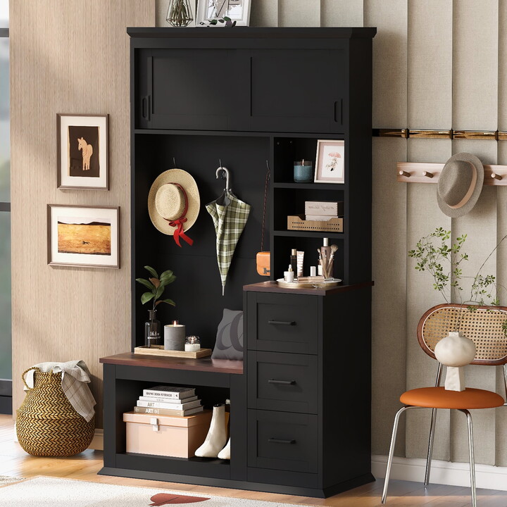 Euroco 40.2'' Hall Tree with Coat Rack,3 Shelves and Drawers, 3 Sturdy Hooks,Wide with Storage Bench for Hallway, Entryway