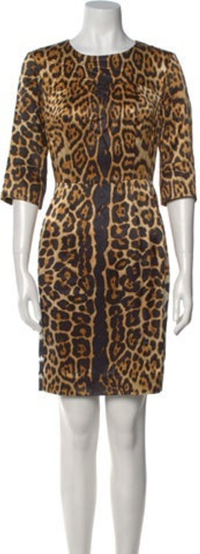 Yves Saint Laurent Silk Sheath Dress Brown Animal Print Pleated Accents Three-Quarter Sleeve with Crew Neck Concealed Zip Closure at Back Designer