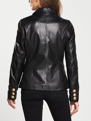 Very Gold Button Detail Leather Blazer - Black