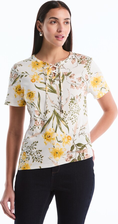 Rafaella Petite Garden Print Lace-Up Top
