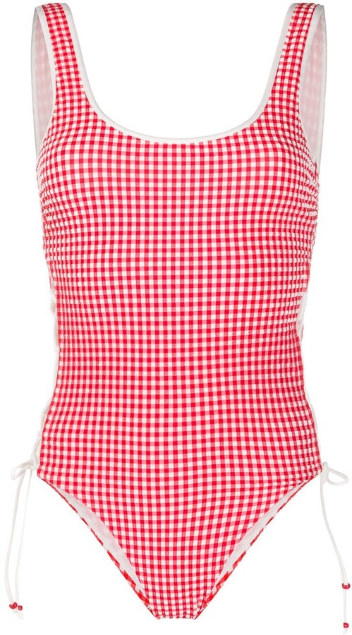 red and white gingham swimsuit
