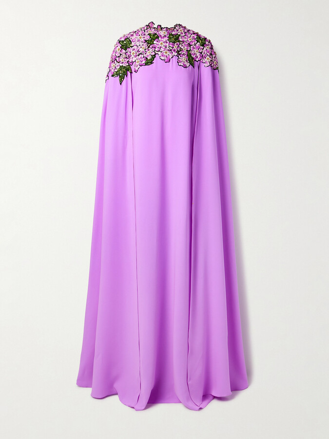 Oscar de la Renta Cape-effect Appliquéd Embellished Crepe Gown - Purple