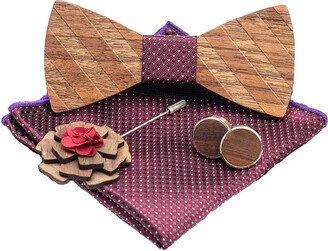 Amzchoice Classic Handmade Mens Wood Bow Tie with Matching Pocket Square Mens Cufflinks Lapel Flower Set