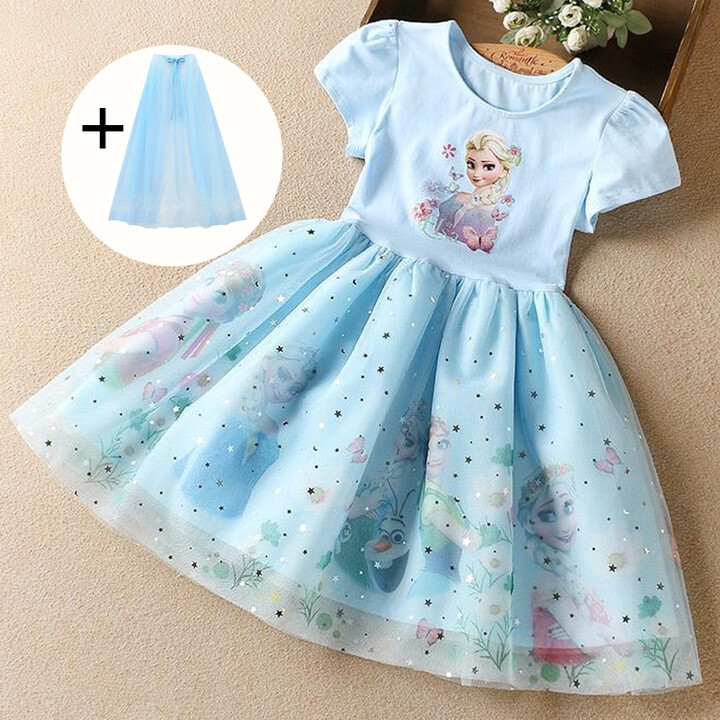 Potdemiel 2025 New Summer Kids Dresses for Girls Sohort Sleeve Disney Frozen Elsa Girls Sequins Costume Princess Dress Kids Daily Clothes