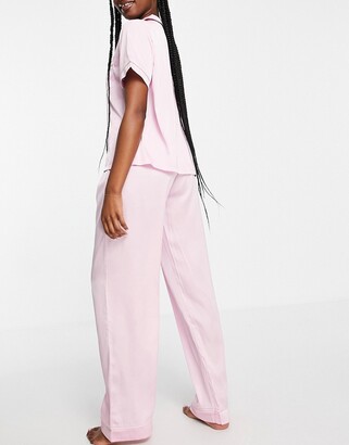 ASOS DESIGN satin piped short sleeve shirt & pant pajama set in lilac -  ShopStyle