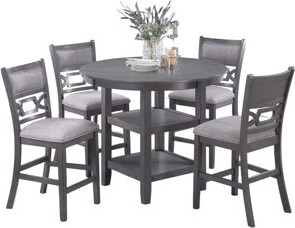 Latitude Run Gray Color 5Pc Counter Height Dining Set Round Table W Shelves 4X High Chairs Modern Contemporary Dining Room Furniture