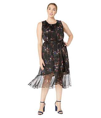 Vince Camuto Specialty Size Plus Size Sleeveless Ruffled Hem Belted Country Bouquet Dress (Rich Black) Women's Dress
