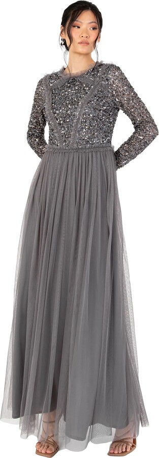 Maya Deluxe Women's Maxi Dress Ladies Crew Neck Long Sleeve Sequin