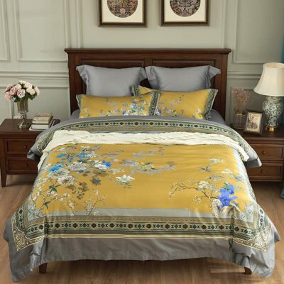 Bell Union LLC. Duvet Cover Set - 3PC Garden Style Long Staple Cotton Golden Floral Bedding, Chinoiserie Chic Botanical Print, Reversible Design, Zipper Closure, Soft