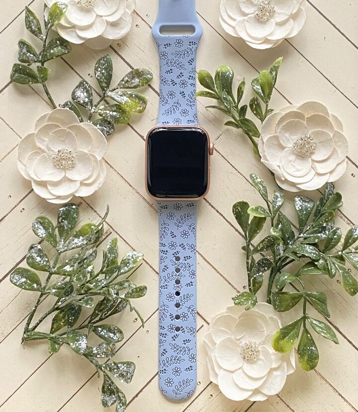 Flower & Leaves Watch Band 38mm 40mm 41mm 42mm 44mm 45mm S/M M/L Series 1, 2, 3, 4, 5, 6, 7, 8, 9 Silicone Engraved Daisies Watchband Replacement